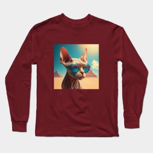 Sphinx cat with glasses looking to the side on the background of the pyramids Long Sleeve T-Shirt